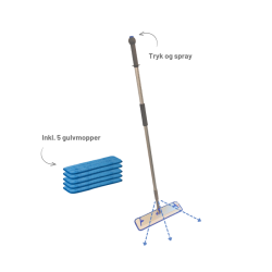 Moppest med sprayfunktion, 5 microfibermopper og klargringspose