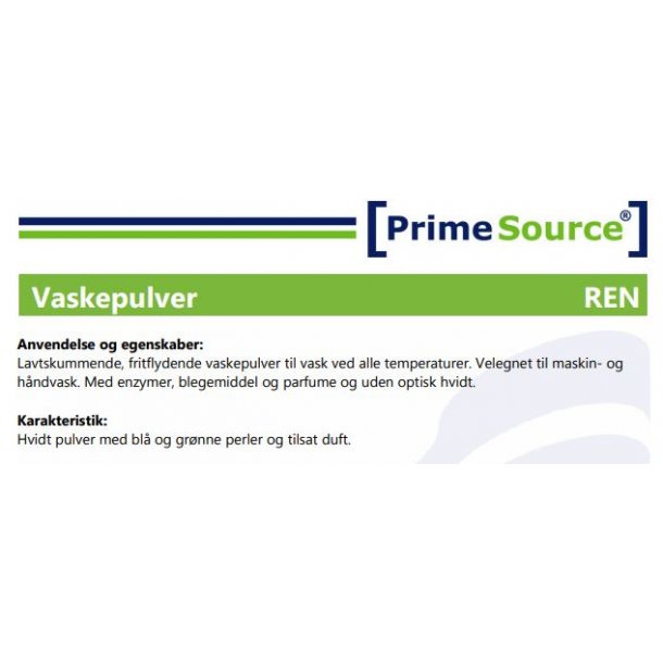 Vaskepulver: Prime Source Ren m. Parfume &amp; Blegemiddel / 10 kg.